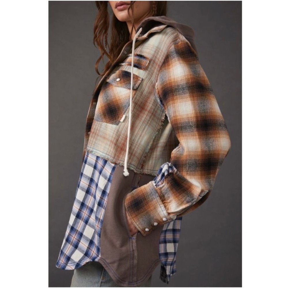 We The Free Large Patchwork Plaid Hooded Flannel Shirt Jacket Shacket Oversized